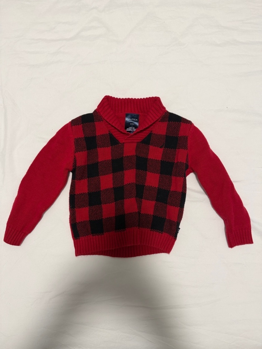 Nautica Red and Black Buffalo Plaid Shawl Collar Sweater baby 24 months